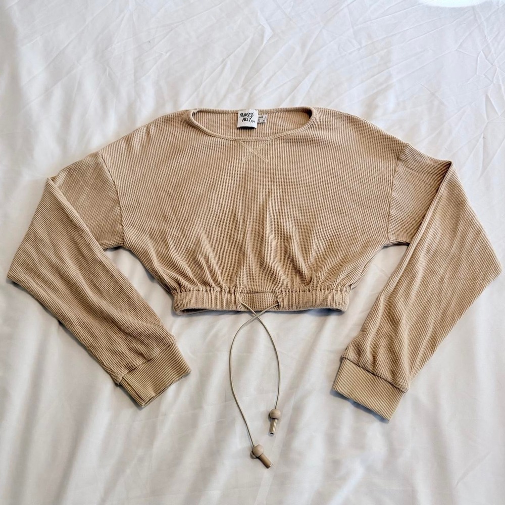 Princess Polly Tan Waffle Knit Cropped Cardigan Top Lace Up Hem Size 0